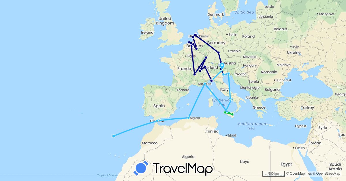 TravelMap itinerary: driving, bus, boat in Austria, Belgium, Switzerland, Germany, Algeria, France, Gibraltar, Italy, Monaco, Netherlands, Portugal (Africa, Europe)